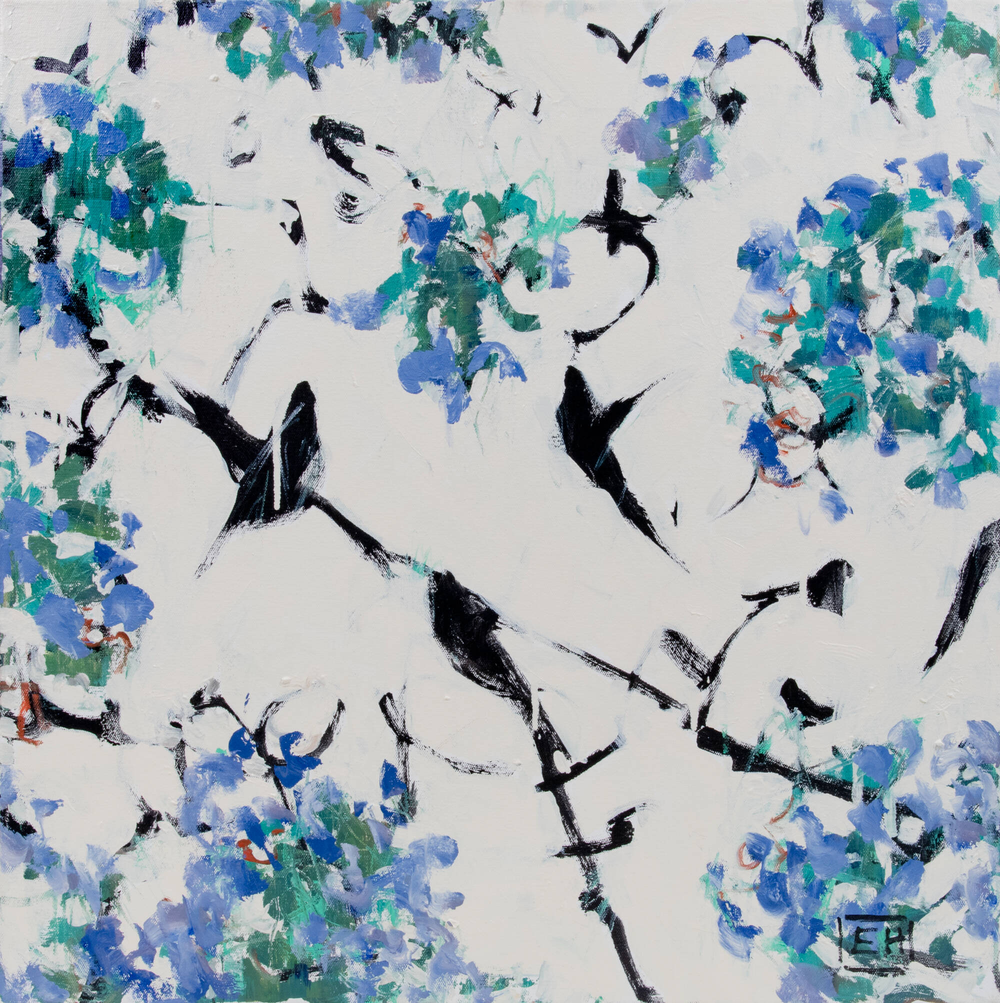 Abstract painting of black birds at the center with clumps of blue and green flowers surrounding them.